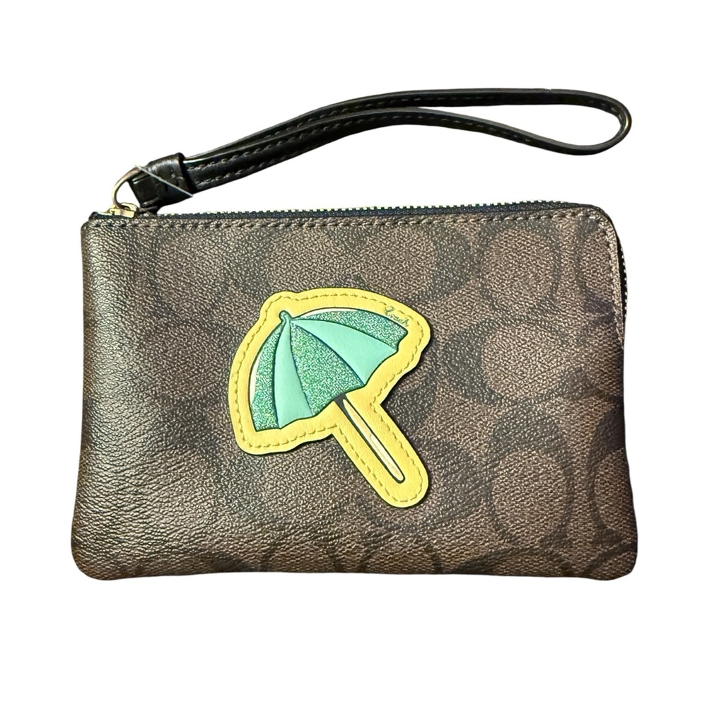 Coach Brown Wristlet w/ Yellow & Green Mushroom holds 3 cards cash corner zip